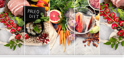Paleo diet food on light gray background, collage