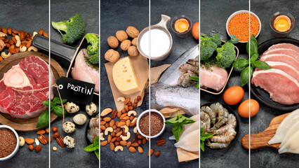 Sweet crepes assortment with berries chocolate on gray background, collage