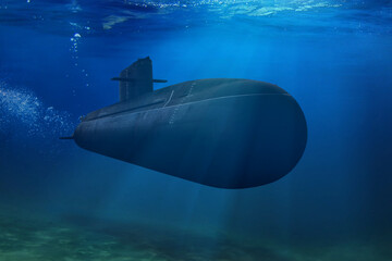 Naval submarine submerge underwater during a mission in open sea - obrazy, fototapety, plakaty
