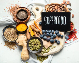 Healthy food clean eating selection on light background.