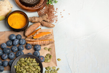 Healthy food clean eating selection on light background.