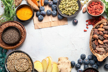 Healthy food clean eating selection on light background.