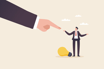 Obraz premium Different opinion, Controversies within the organization. Listening to the opinions of employees. open to new ideas. Giant hand pointing at the employee or businessman.