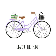 Fototapeta na wymiar Poster with a bicycle and a positive wish – Enjoy The Ride! Vintage bike with bag and books in a basket, hand draw lettering. City lifestyle concept. Poster, greeting card. Cute vector illustration.