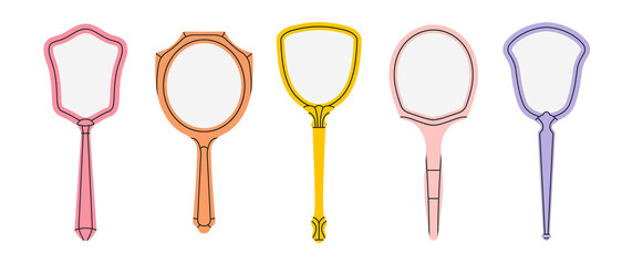 A set of mirrors for daily beauty routine. Mirror with handle, various frame shapes. Antique, vintage style. Cute colorful design. Hand drawn vector illustration isolated on white background.