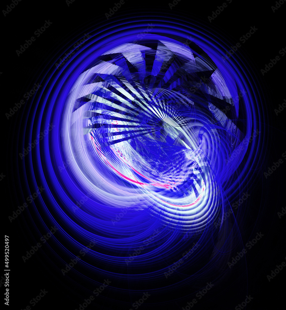 Aufkleber white and blue rays and circles diverge on a black background. abstract fractal background. graphic 