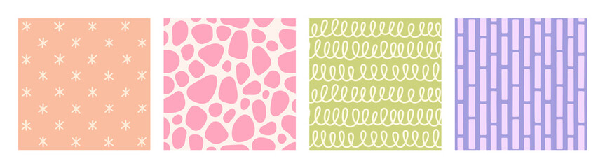 Set of seamless patterns with geometric shapes in pastel colors. Patterns with stars, spots, spirals, bricks. Colorful background, print. Hand drawn vector illustration.