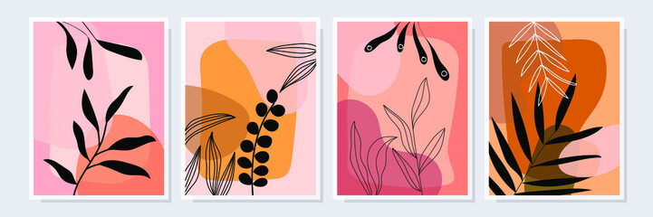 Abstract art nature background vector illustration. Modern shapes line art botanical,floral, leaves and flowers. design for home decoration, wall art,social media post.