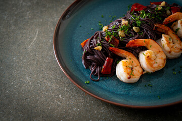 stir-fried black spaghetti with garlic and shrimps