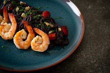 stir-fried black spaghetti with garlic and shrimps