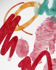Hand Drawing Watercolor abstract art with red, pink, aquamarine, burnt orange colors. Use for wall art print, background, package, design, poster, card, interior