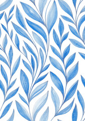 Obraz na płótnie Canvas Vintage soft blue nature seamless pattern. Watercolor painting blue twigs with leaves with silver contours on white background. Template for design, textile, wallpaper, bedding, ceramics.
