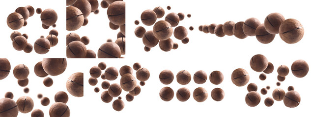 A set of photos. Unpeeled macadamia nuts levitate on a white background
