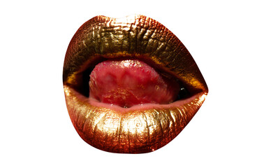Sensual golden woman lips. Tongue licking sexy lips. Womans gold lip. Female mouth close up with golden lipstick. Isolated on white background.