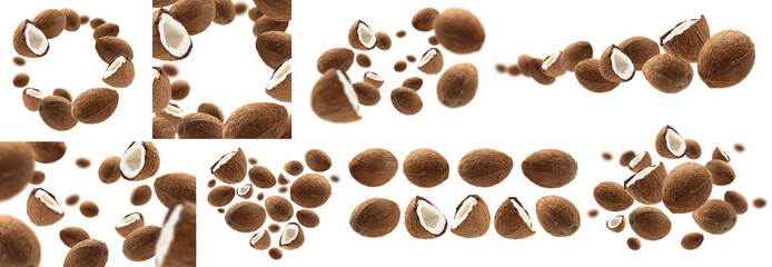 A set of photos. Whole and half cocoanuts levitate on a white background