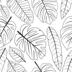 Stock vector tropical leaves seamless pattern outline black and white hand drawn illustration