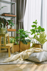 Artificial plant, Indoor tropical natural houseplant for home interior and air purification, Green corner in living room.
