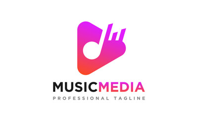 Fototapeta premium Play Music Media Logo Design vector icon symbol illustration, this is a play button with music icon and beat with colorful gradients looks very creative. This is a very good logo for any music media.