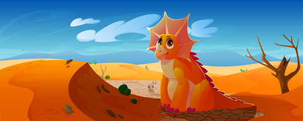 Cute baby dinosaur in desert. Little triceratops on drought landscape with sand, dry soil, dead tree and skeletons. Vector cartoon illustration of funny dino character on barren land © klyaksun