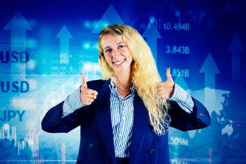 Businesswoman showing thumbs up with upward arrow