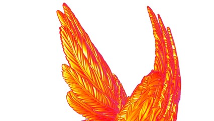 Overlapping orange-red graduated wings under white lighting background. Concept image of free activity, decision without regret and strategic action. 3D CG. 3D illustration.