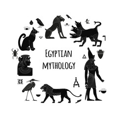 Egyptian mythological animals. Ancient gods and creatures. Lion, Cerberus, Egyptian writing and symbols. A set of flat elements