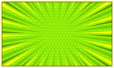 Obraz premium Comic abstract green background with radial rays and halftone effect