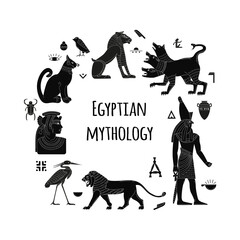 Egyptian mythological animals. Ancient gods and creatures. Lion, Cerberus, Egyptian writing and symbols. A set of flat vector elements