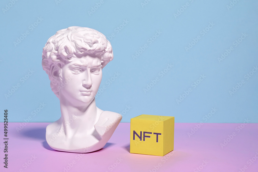 Poster virtual internet business innovation future block nft money token and blockchain and statue of david