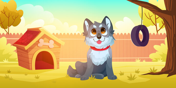 Cute dog sitting on backyard. House yard landscape with funny pet, canine kennel, green grass, fence and tree with tire swing. Vector cartoon illustration of wooden doghouse and puppy
