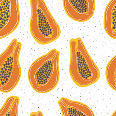 Papaya hand drawn seamless pattern in doodle style. Trendy vector illustrated pattern. Hawaiian fruits.