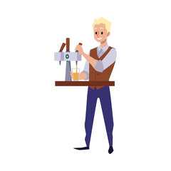 Bartender or barman pouring lager or beer glass, vector illustration isolated.