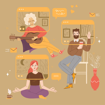 People video chat, virtual online conference, computer screens with characters meditate, playing guitar, drink coffee. Friends distant communication, quarantine Linear cartoon flat vector illustration