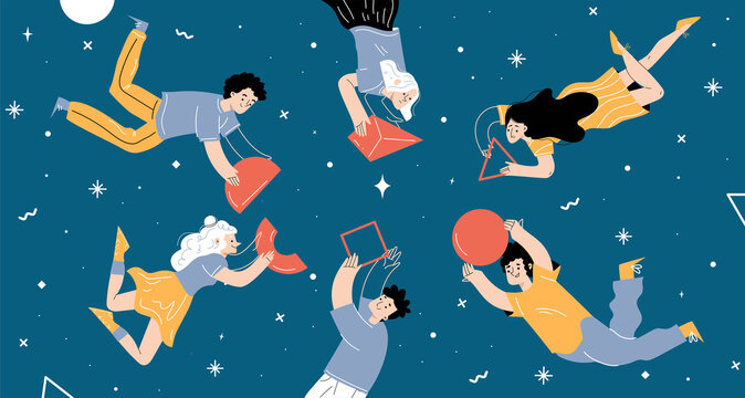 Team collaboration concept. People work together set up abstract shapes flying in space. Businesspeople teamwork, office employees cooperation, partnership, Linear cartoon flat vector illustration