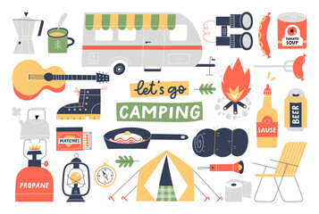 Camping, hiking or picnic set. Hand drawn tent, campfire, food and drinks - obrazy, fototapety, plakaty