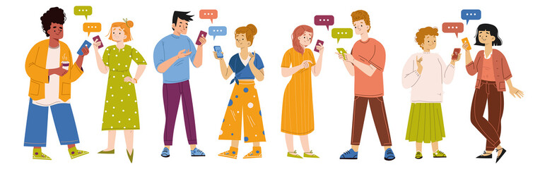People send messages in online chat. Concept of conversation in social media, internet communication. Vector flat illustration of happy characters with mobile phones and speech bubbles