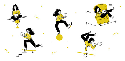 Freelancer life balance concept, woman with laptop in hands balancing on unstable surface. Freelance, self employed person combine job, career and home, Linear cartoon flat vector illustration
