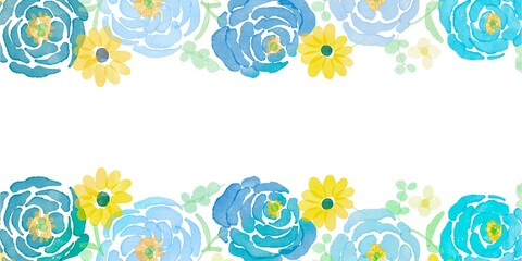 水彩画。水彩タッチの草木と花フレーム。グラデーションカラーの草木と花イラスト。透明水彩で描いた装飾枠背景。Watercolor painting. Watercolor touch grass, trees and flowers frame. Illustration of gradient color plants, trees and flowers. Decorative frame ba