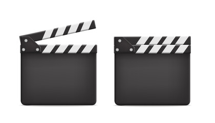 Film clapper board opened and closed, realistic 3d vector illustration isolated on white background.