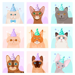 A set of greeting cards with funny cats. Cartoon design.
