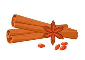 Cinnamon sticks with an anise star on a white background. Spices. Cartoon design.
