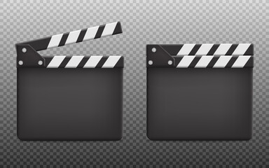 Opened and closed clapboard for movie filming, realistic vector illustration isolated on transparent background. - obrazy, fototapety, plakaty