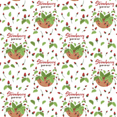 Basket with red strawberries and green leaves. Seamless vector pattern. Strawberry summer.