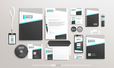 Business Stationery Brand Identity Mockup set with black and white abstract geometric design. Office stationary items - editable mockup template. Company corporate style design