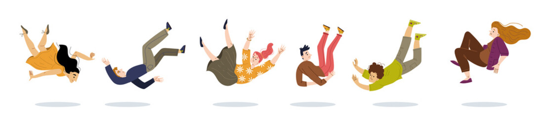 People fall from high, fly down. Vector flat illustration of accident, danger, risk of injury and trauma. Characters in fear and shock tumble from height isolated on white background