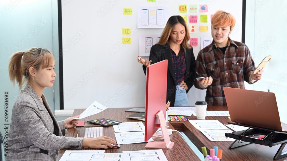 Poster user experience designers are brainstorming and planning sketch, prototype, framework, layout future