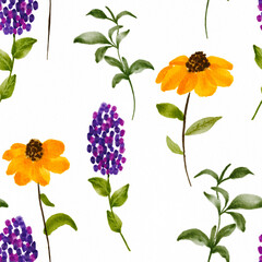 Floral hand painted watercolor wild flowers and plants. Botanical nature background. Spring floral meadow seamless pattern for print, wallpaper, textile, craft, wrapping. Small flowers illustration