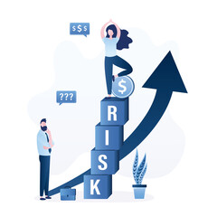 Confident female investor or business woman balancing between financial risks and profit. High risk high return stock market investments. Trade off of risky investment asset rewarding growth return.
