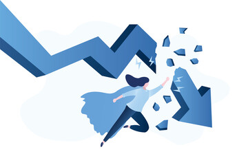 Businesswoman like super hero breaks falling graph. Overcoming the financial and economic crisis. Big arrow stock chart. Confident female trader breaks trend to panic sells.
