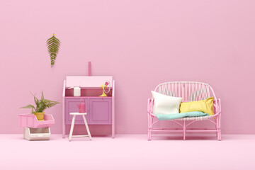 scandinavian living room interior in a pastel pink and green, yellow color with plant pots. 3D rendering for web pages, presentations or backgrounds, studio
